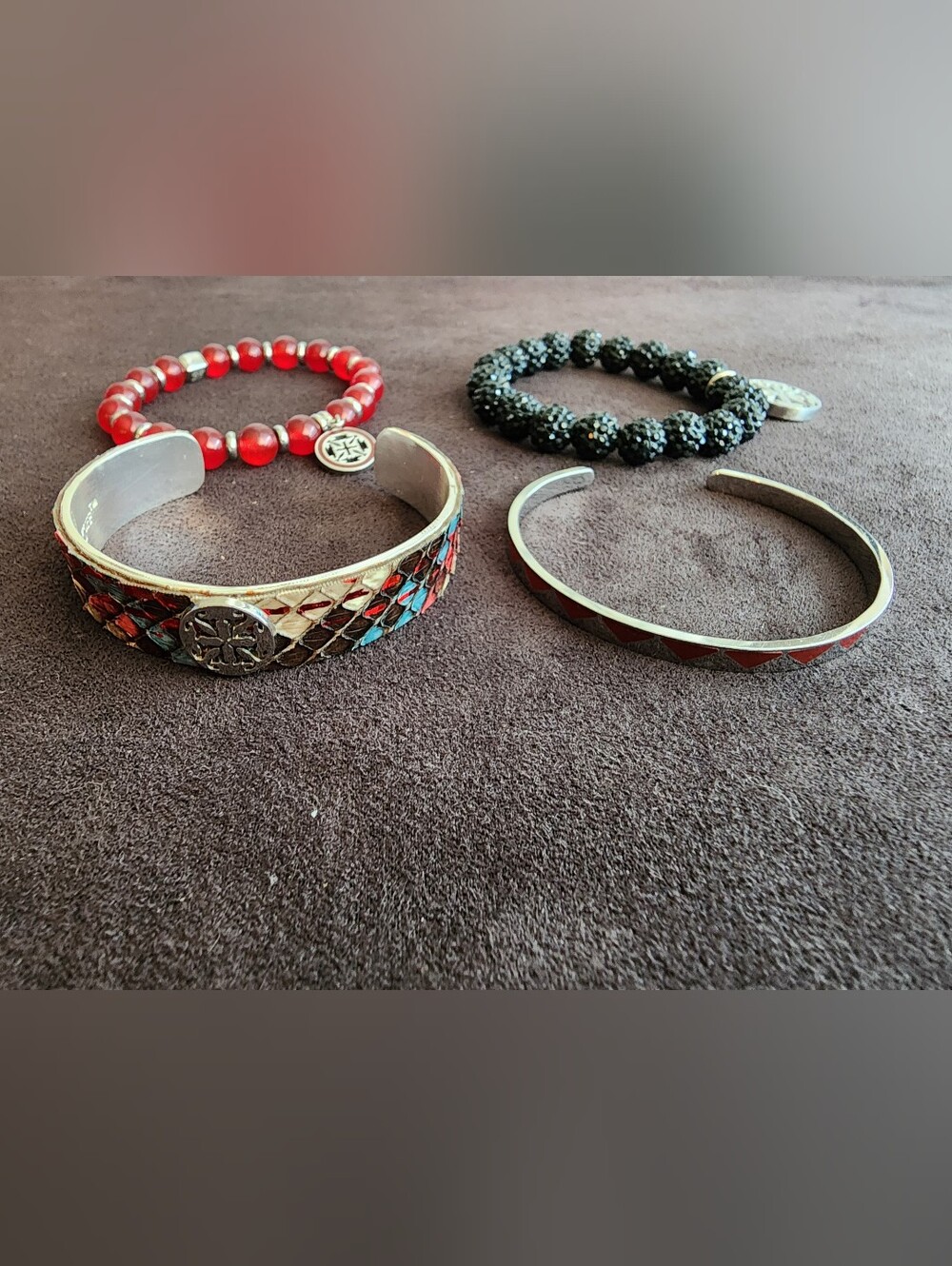 Rustic Cuff Bracelet Set of 4 Red Beaded Pave Mosaic Cuff